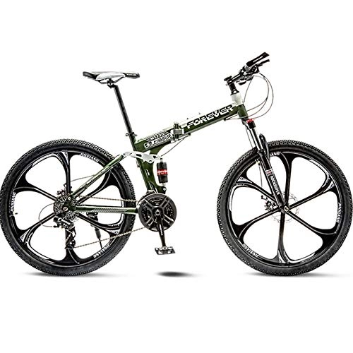 Folding Bike : BNMKL Mountain Bike 24 / 26 Inch - 27 Speed Folding Outroad Bicycles, Full Suspension MTB, High-Carbon Steel Road Bike Adult Men And Women, Army Green, 24 Inch