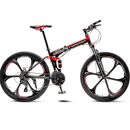 Folding Bike : BNMKL Mountain Bike 24 / 26 Inch - 27 Speed Folding Outroad Bicycles, Full Suspension MTB, High-Carbon Steel Road Bike Adult Men And Women, Black Red, 24 Inch