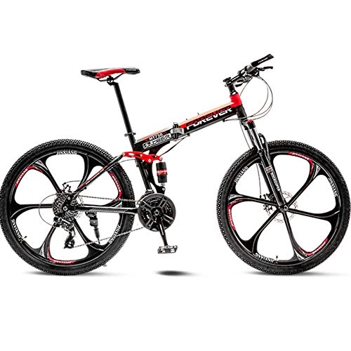 Folding Bike : BNMKL Mountain Bike 24 / 26 Inch - 27 Speed Folding Outroad Bicycles, Full Suspension MTB, High-Carbon Steel Road Bike Adult Men And Women, Black Red, 26 Inch