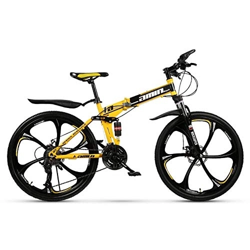 Folding Bike : BXU-BG Outdoor sports Mountain Bike 26 Inch Wheel Steel Frame Spoke Wheels Dual Suspension Road Bicycle 21 Speed Folding Bike (Color : Yellow)