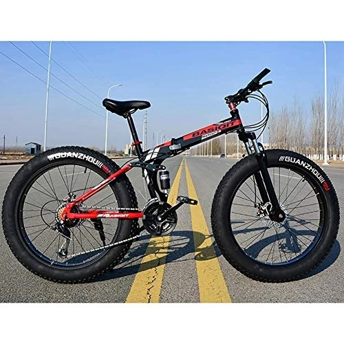 Folding Bike : CHHD 21 Speed Mountain Bike 26 * 4.0 Fat Tire Bikes Shock Absorbers Bicycle Snow Bike, Folding Variable Off-Road Beach Snowmobile 4.0 Super Wide Tires, Red, 24