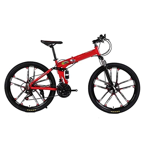 Folding Bike : COUYY Folding Mountain Bike 21 / 24 / 27 Speed 24 / 26 inch Bicycle with Double Disc Brakes and Double Suspension for Adult, Red, 26 inch27 speed