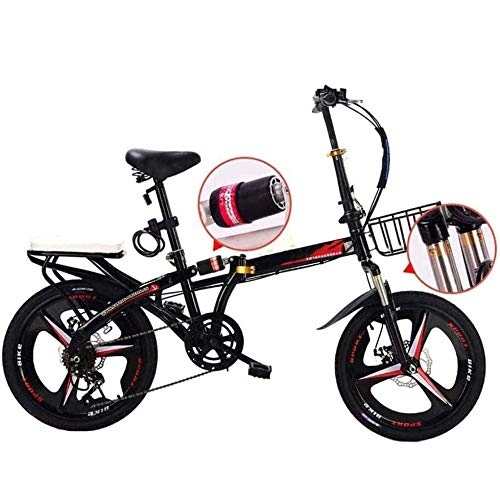 Folding Bike : COUYY Travel bike, folding mountain bike, 16-inch unisex alloy city bike, adjustable handle and 6-speed, disc brake, Black
