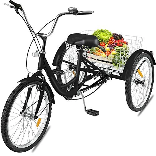 Folding Bike : CXSMKP 20-Inch Adult Tricycle 3-Wheel, 1 Speed Bicycle Trike Cruiser Black W / Lock Basket, Adjustable Rubber Handle, Large Rear Basket, Front And Rear Brakes, Load 150Kg