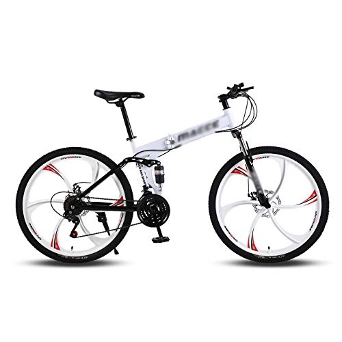 Folding Bike : CXSMKP Folding Mountain Bike 24-Inch Wheel 6 Spoke 21 Speed Double Disc Brake Full Suspension Anti-Slip MTB White