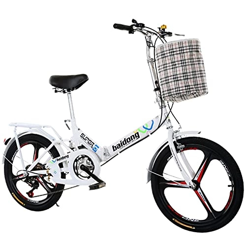 Folding Bike : DERTHWER foldable bicycle Portable Variable Speed Bicycle Folding Bicycle Adult Student City Commuting Freestyle Bicycle With Basket (Color : White)