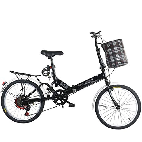 Folding Bike : DERTHWER mountain bikes 20-inch Carbon Steel Bicycles, Folding Bike Variable Speed Male Female Adult Lady City Commuter Outdoor Sport Bike with BasketMultiple Variable Speed (Color : Black)