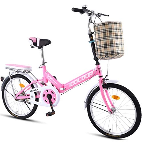 Folding Bike : DERTHWER mountain bikes 20-inch Folding Bicycle Single Speed Male Female Adult Student City Commuter Outdoor Sport Bike with Basket (Color : Pink)