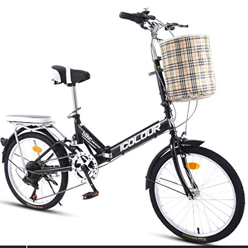 Folding Bike : DERTHWER mountain bikes Folding Bicycle Variable Speed Male Female Adult Student City Commuter Outdoor Sport Bike with Basket (Color : Black)
