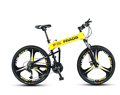 Folding Bike : DGAGD 24-inch aluminum alloy foldable mountain bike off-road shock absorber oil disc portable lightweight variable speed integrated wheel-yellow_30 speed