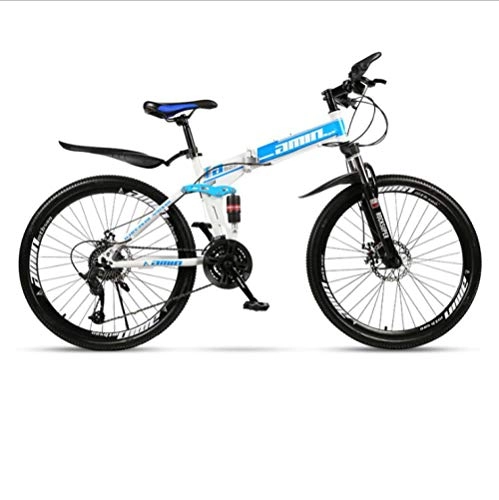 Folding Bike : DGAGD 24 inch folding mountain bike adult integrated wheel double shock absorption off-road variable speed bicycle spoke wheel-White blue_30 speed