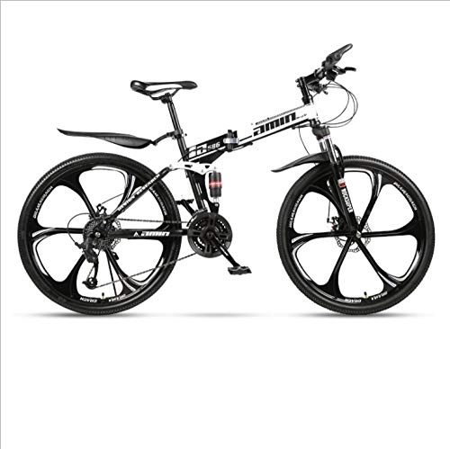 Folding Bike : DGAGD 24 inch folding mountain bike adult one-wheel double shock-absorbing off-road variable speed bicycle six-cutter wheel-Black and white_27 speed