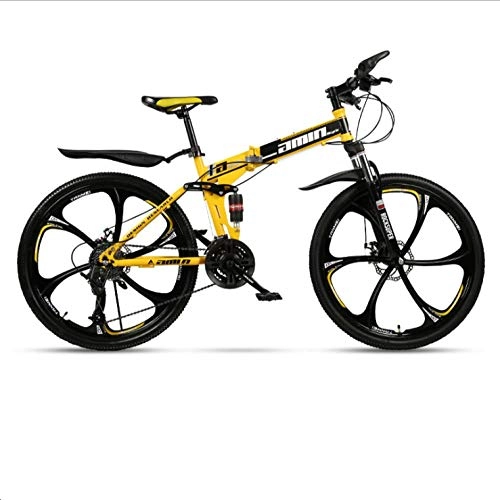 Folding Bike : DGAGD 24 inch folding mountain bike adult one-wheel double shock-absorbing off-road variable speed bicycle six-cutter wheel-Black and yellow_24 speed
