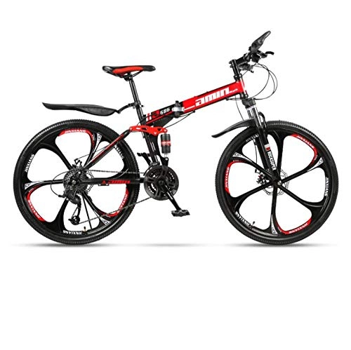 Folding Bike : DGAGD 24 inch folding mountain bike adult one-wheel double shock-absorbing off-road variable speed bicycle six-cutter wheel-Black red_30 speed