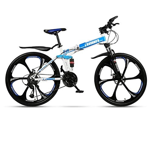 Folding Bike : DGAGD 24 inch folding mountain bike adult one-wheel double shock-absorbing off-road variable speed bicycle six-cutter wheel-White blue_21 speed