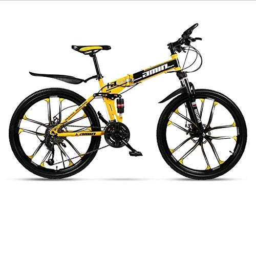 Folding Bike : DGAGD 24 inch folding mountain bike adult one-wheel double shock-absorbing off-road variable speed bicycle ten cutter wheels-Black and yellow_24 speed