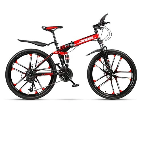 Folding Bike : DGAGD 24 inch folding mountain bike adult one-wheel double shock-absorbing off-road variable speed bicycle ten cutter wheels-Black red_24 speed
