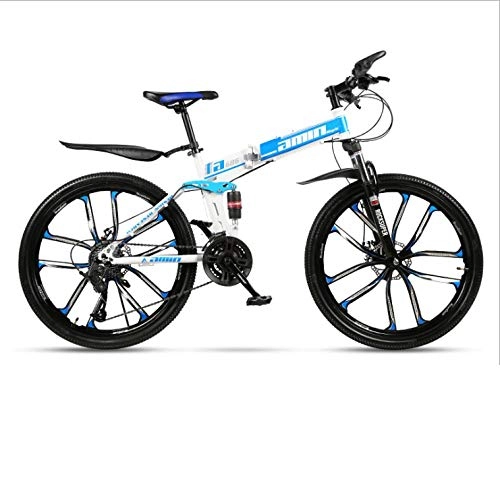 Folding Bike : DGAGD 24 inch folding mountain bike adult one-wheel double shock-absorbing off-road variable speed bicycle ten cutter wheels-White blue_21 speed