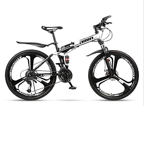 Folding Bike : DGAGD 24 inch folding mountain bike adult one-wheel double shock-absorbing off-road variable speed bicycle three-knife wheel-Black and white A_24 speed