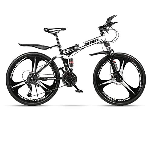 Folding Bike : DGAGD 24 inch folding mountain bike adult one-wheel double shock-absorbing off-road variable speed bicycle three-knife wheel-Black and white B_24 speed