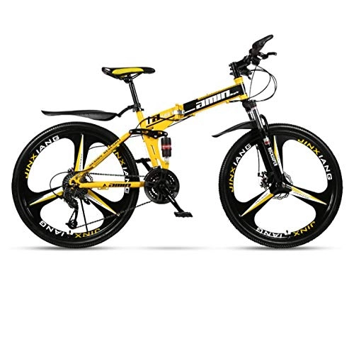 Folding Bike : DGAGD 24 inch folding mountain bike adult one-wheel double shock-absorbing off-road variable speed bicycle three-knife wheel-Black and Yellow B_24 speed