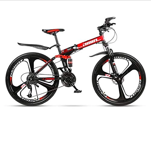 Folding Bike : DGAGD 24 inch folding mountain bike adult one-wheel double shock-absorbing off-road variable speed bicycle three-knife wheel-Black Red A_27 speed