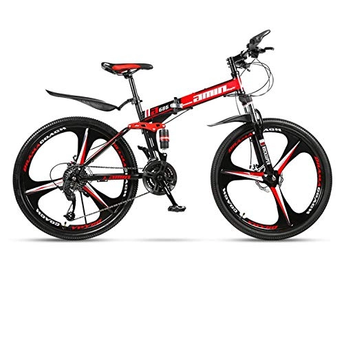Folding Bike : DGAGD 24 inch folding mountain bike adult one-wheel double shock-absorbing off-road variable speed bicycle three-knife wheel-Black Red B_21 speed