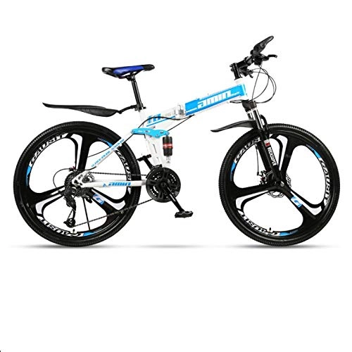 Folding Bike : DGAGD 24 inch folding mountain bike adult one-wheel double shock-absorbing off-road variable speed bicycle three-knife wheel-White Blue A_21 speed