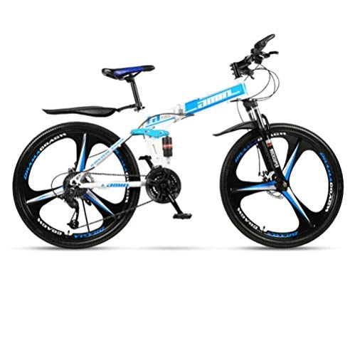 Folding Bike : DGAGD 24 inch folding mountain bike adult one-wheel double shock-absorbing off-road variable speed bicycle three-knife wheel-White Blue B_24 speed