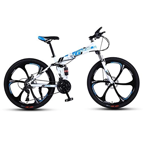 Folding Bike : DGAGD 24-inch folding mountain bike with double shock absorber racing off-road variable speed bike with six cutter wheels-White blue_21 speed