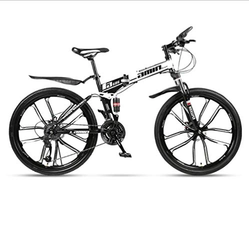 Folding Bike : DGAGD 26-inch folding mountain bike adult one-wheel double shock-absorbing off-road variable speed bicycle ten cutter wheels-Black and white_27 speed