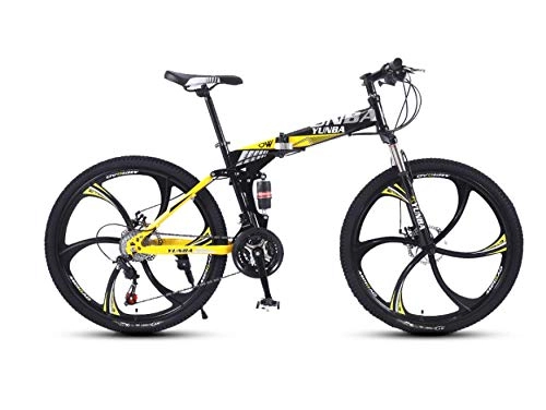 Folding Bike : DGAGD Variable speed folding mountain bike adult double shock absorber off-road 26 inch racing six cutter wheels-Black and yellow_21 speed