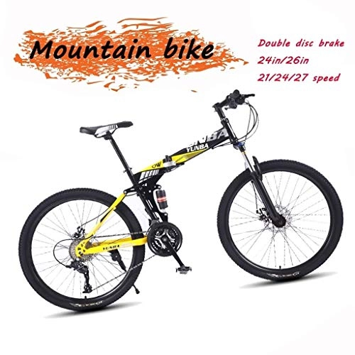 Folding Bike : Dirt Bike Mountain Bike Exercise Bike Road Bike Mens Bike Girls Bike 24 / 26 Inch Lightweight Mini Folding Bike Small Portable Bicycle Adult Student , 21 / 24 / 27-Speed ( Color : Yellow , Size : 24in )