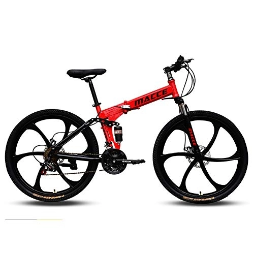 Folding Bike : DULPLAY Dual-suspension Adult Mountain Bike, Men's Disc Brake All Terrain Mountain Bicycle, Folding Mountain Bikes Red 24", 21-speed