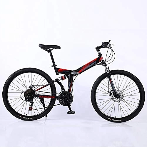 Folding Bike : DULPLAY Folding Mountain Bikes, 24 Inch Adult Mountain Bike, Steel Frame Dual Suspension Dual Disc Brakes Racing Mountain Bicycle Black And Red 24", 21-speed