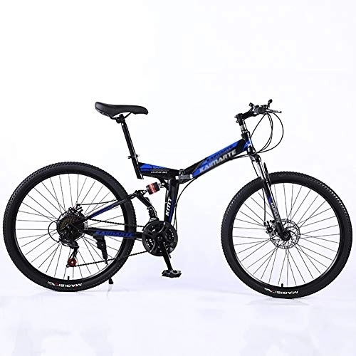 Folding Bike : DULPLAY Steel Frame Dual Suspension Dual Disc Brakes Racing Mountain Bicycle, 24 Inch Adult Mountain Bike, Folding Mountain Bikes Black And Blue 24", 27-speed