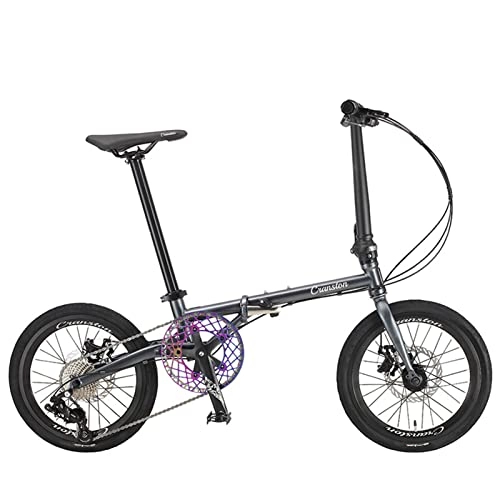 Folding Bike : EASSEN 16-inch Folding Mountain Bike, 9 Speed Aluminum Frame With Dual Disc Brakes， Front Suspension Anti-Skid Shock-absorbing Front Fork, Load 150kg for Men Women Bright Grey