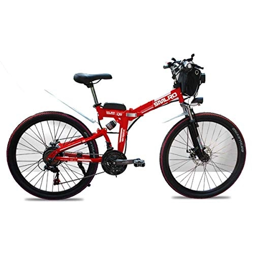 Folding Bike : Electric Mountain Bike 48V Children's Bicycles 26 Inch Folding E-bike with 4.0" Fat Tyres Spoke Wheels Premium Full Suspension, Red