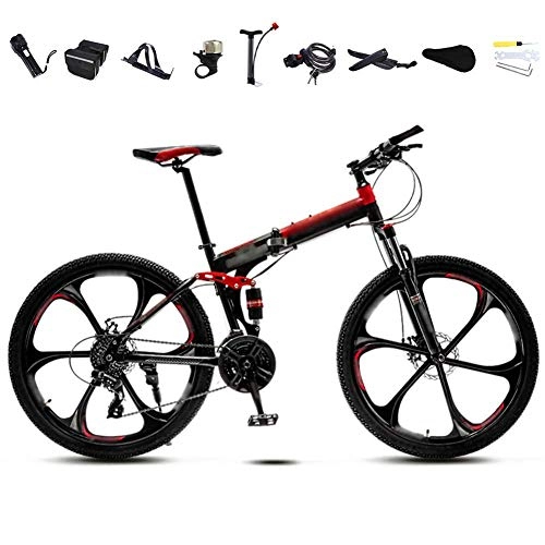 Folding Bike : FBDGNG 24-26 Inch MTB Bicycle, Unisex Folding Commuter Bike, 30-Speed Gears Foldable Mountain Bike, Off-Road Variable Speed Bikes for Men And Women, Double Disc Brake / Red / B wheel / 24