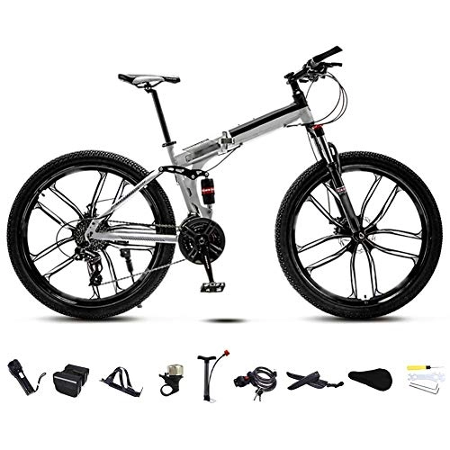 Folding Bike : FBDGNG 24-26 Inch MTB Bicycle, Unisex Folding Commuter Bike, 30-Speed Gears Foldable Mountain Bike, Off-Road Variable Speed Bikes for Men And Women, Double Disc Brake / White / 26'' / C wheel