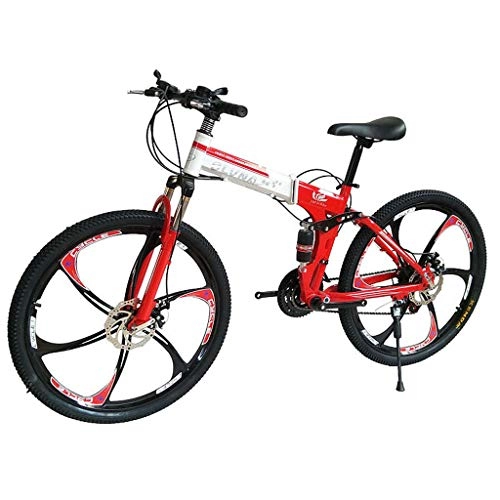 Folding Bike : Foldable Double Shock Absorption Double Disc Brake Overall Six-Knife Wheel 26 Inches 27 Speed Male And Female Bicycles Mountain Bike, Red