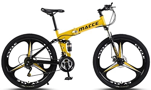 Folding Bike : Foldable Frame Bicycle, 26“ Thick Wheel Mountain Bike, Adult Three Knife Wheel Mountain Trail Bike, 21 Speed Bicycle High-Carbon Steel Frame Dual Full Suspension Dual Disc Brake Yellow, 26 inches