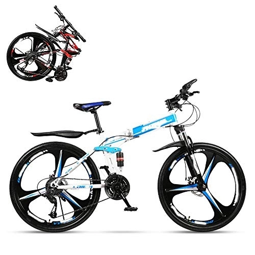 Folding Bike : Folding Adult Bicycle, 26 Inch Variable Speed Mountain Bike, Double Shock Absorber for Men and Women, Dual Disc Brakes, 21 / 24 / 27 / 30 Speed Optional (Blue 30)