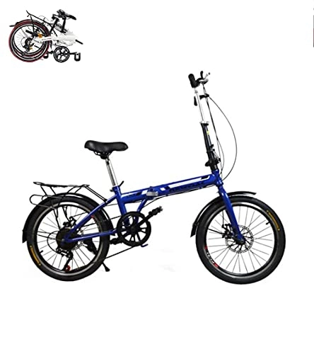 Folding Bike : Folding bicycle 20'' city bicycle, comfortable 7-speed with shelf, disc brake, portable bicycle for male and female students riding(Color:blue, Size:20inch)