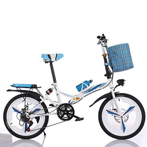 Folding Bike : Folding Bicycle 20-Inch Shock Absorber Speed Change Three-Knife Disc Brake Adult Male and Female Students Portable Small Bicycle-Blue
