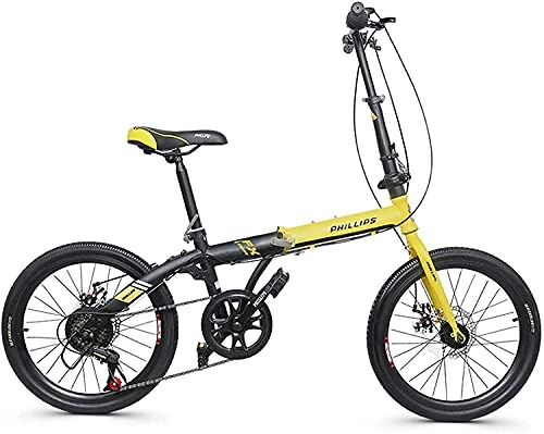 Folding Bike : Folding Bike, 20-Inch 6-Speed City Commuter Bike, High Carbon Steel Frame, Mechanical Disc Brake, for Children and Adults, Yellow