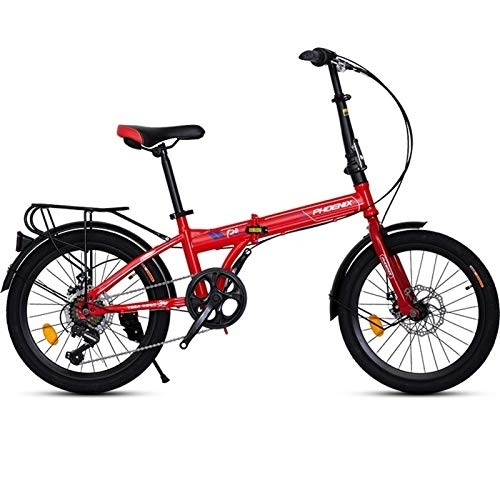Folding Bike : Folding Bike 20 Inch Lightweight Mini Compact City Bicycle with 7 Speed Derailleur System and High Carbon Steel Frame Adjustable Folding Bike (Color : Red, Size : 20in)