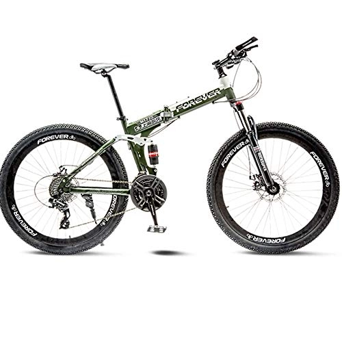 Folding Bike : Folding Bike, 24 / 26 Inch Adult Mountain Bike 27-Speed Bicycle, Dual Suspension Frame Off-Road Bike, High-Carbon Stee MTB, Army Green, 26 Inch