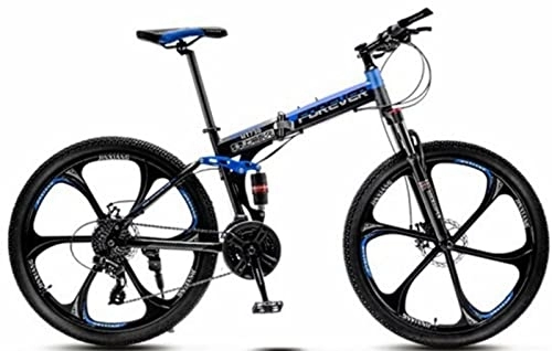 Folding Bike : Folding Bike 26In Six Knife Wheel Mountain Bike Full Suspension Mountain Bike, Foldable MTB Bicycle, 21-Speed Rear Derailleur Disc Brakes, Men and Women's Outdoor Blue, 26 inches