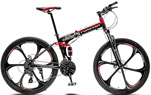 Folding Bike : Folding Bike 26In Six Knife Wheel Mountain Bike Full Suspension Mountain Bike, Foldable MTB Bicycle, 21-Speed Rear Derailleur Disc Brakes, Men and Women's Outdoor Red, 26 inches